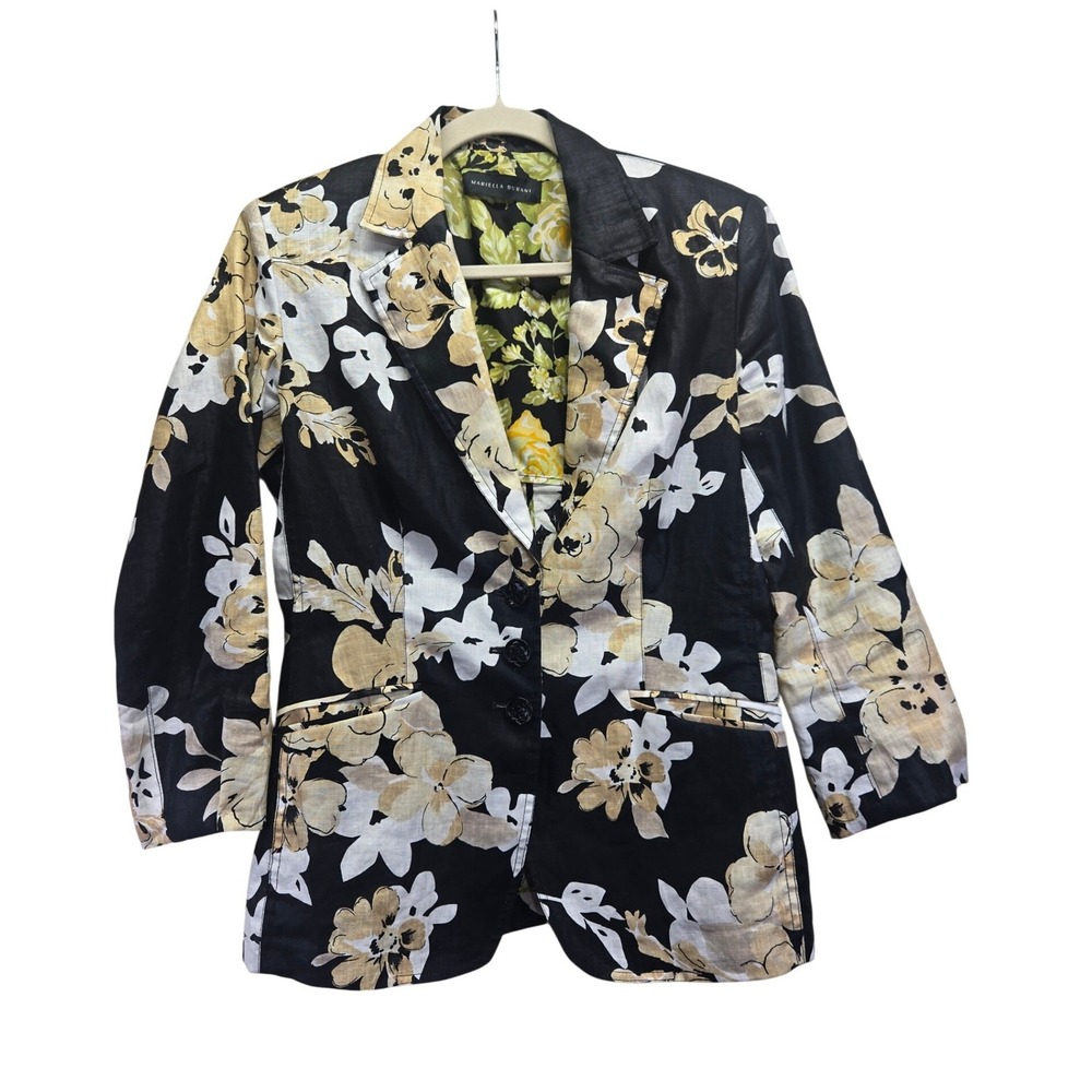 Vintage Mariella Burani Floral Linen Blazer Black Yellow Rose Button Jacket Chic